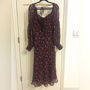 Floret studios, Black floral smocked long sleeve chiffon dress, size large